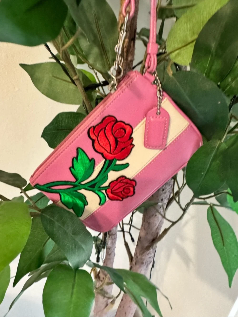Rare Coach Pink Rose Appliqué Wristlet with Cream Stripe